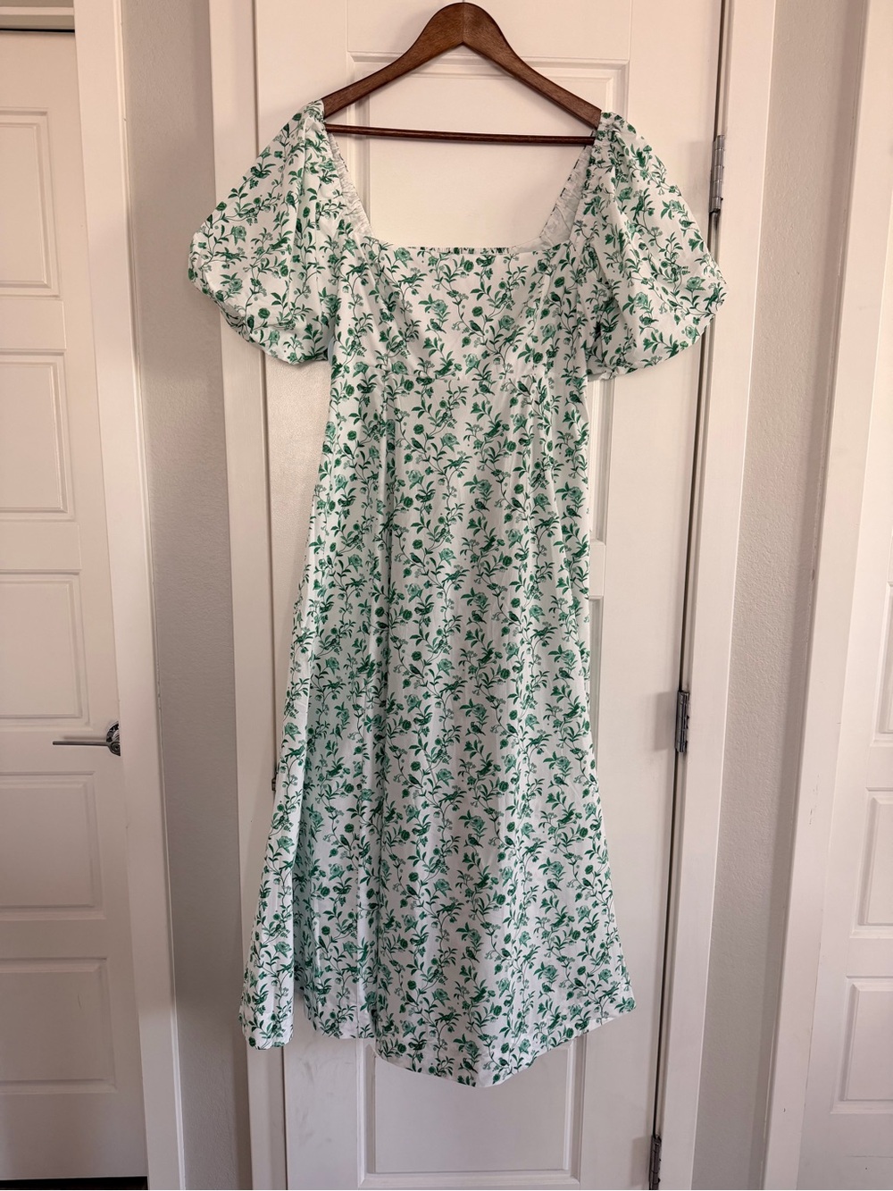 Hill House White Midi Dress with Green Floral Print